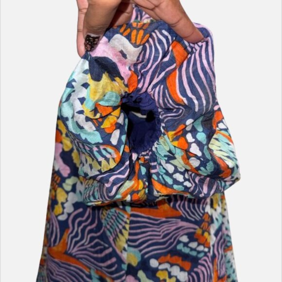 Entro Boho Ruffle V-Neck Colorful Abstract Print Puff Sleeves Blouse (Size S) - Picture 4 of 13